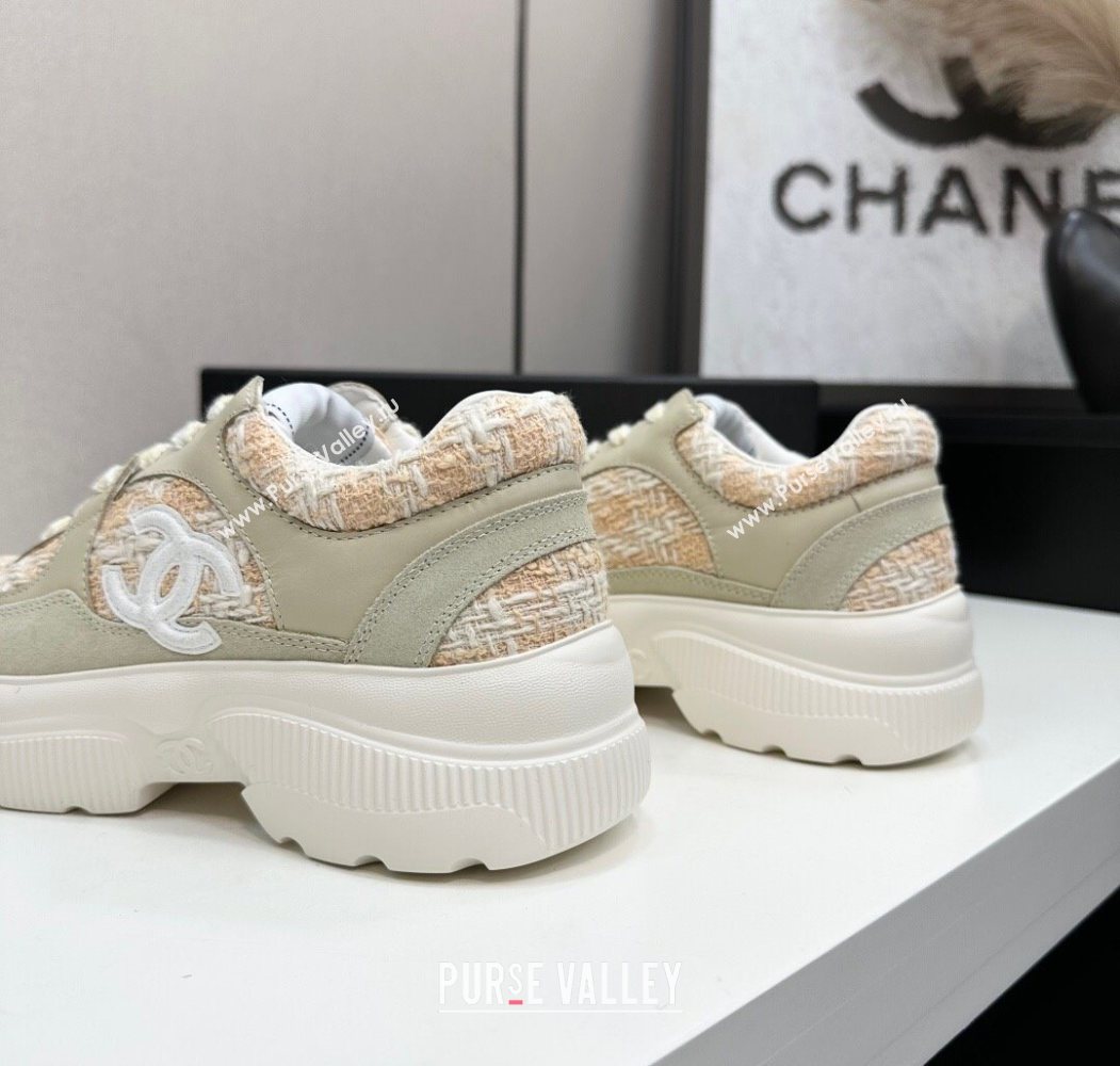 Chanel Calfskin Leather, Suede and Tweed Platform Sneakers Green/Yellow 10 2025 CH110102 (MD-251101010)