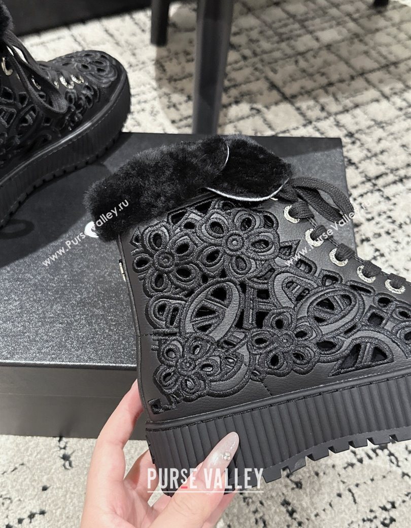 Chanel Openwork Calfskin Leather and Wool High Top Sneakers Black 2025 CH110101 (MD-251101001)