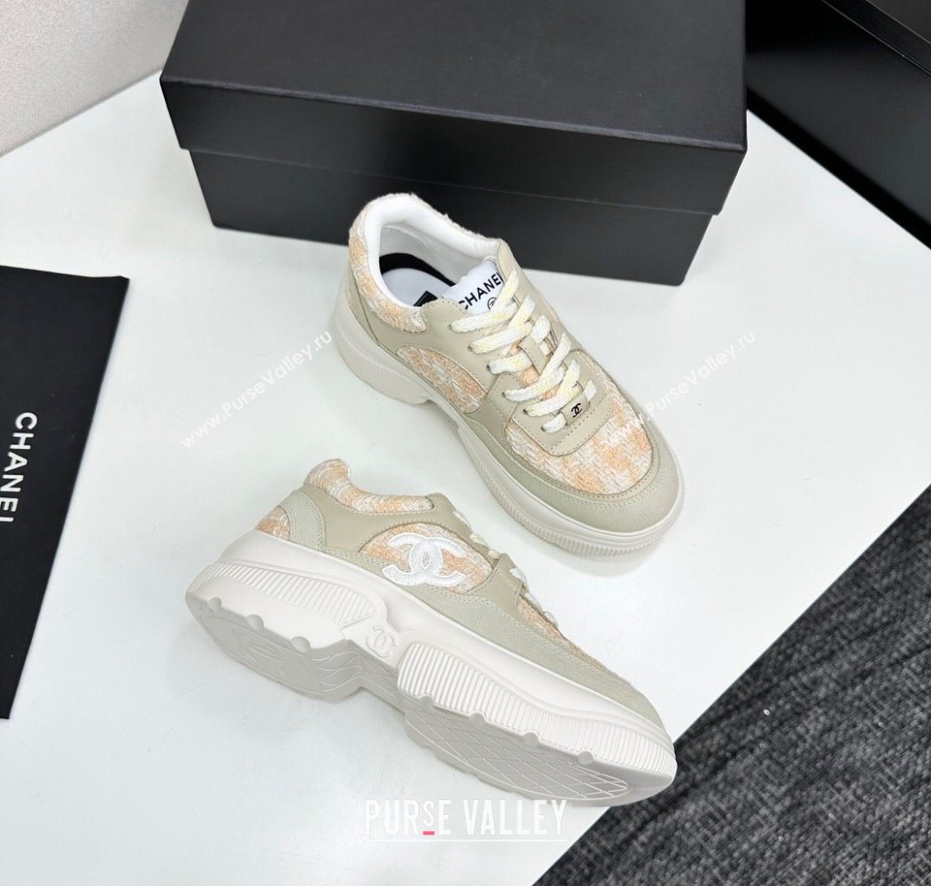 Chanel Calfskin Leather, Suede and Tweed Platform Sneakers Green/Yellow 10 2025 CH110102 (MD-251101010)