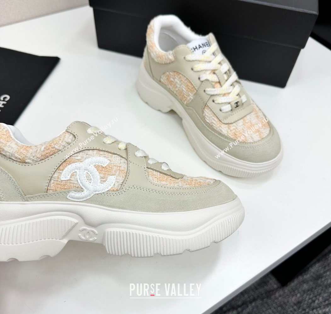 Chanel Calfskin Leather, Suede and Tweed Platform Sneakers Green/Yellow 10 2025 CH110102 (MD-251101010)