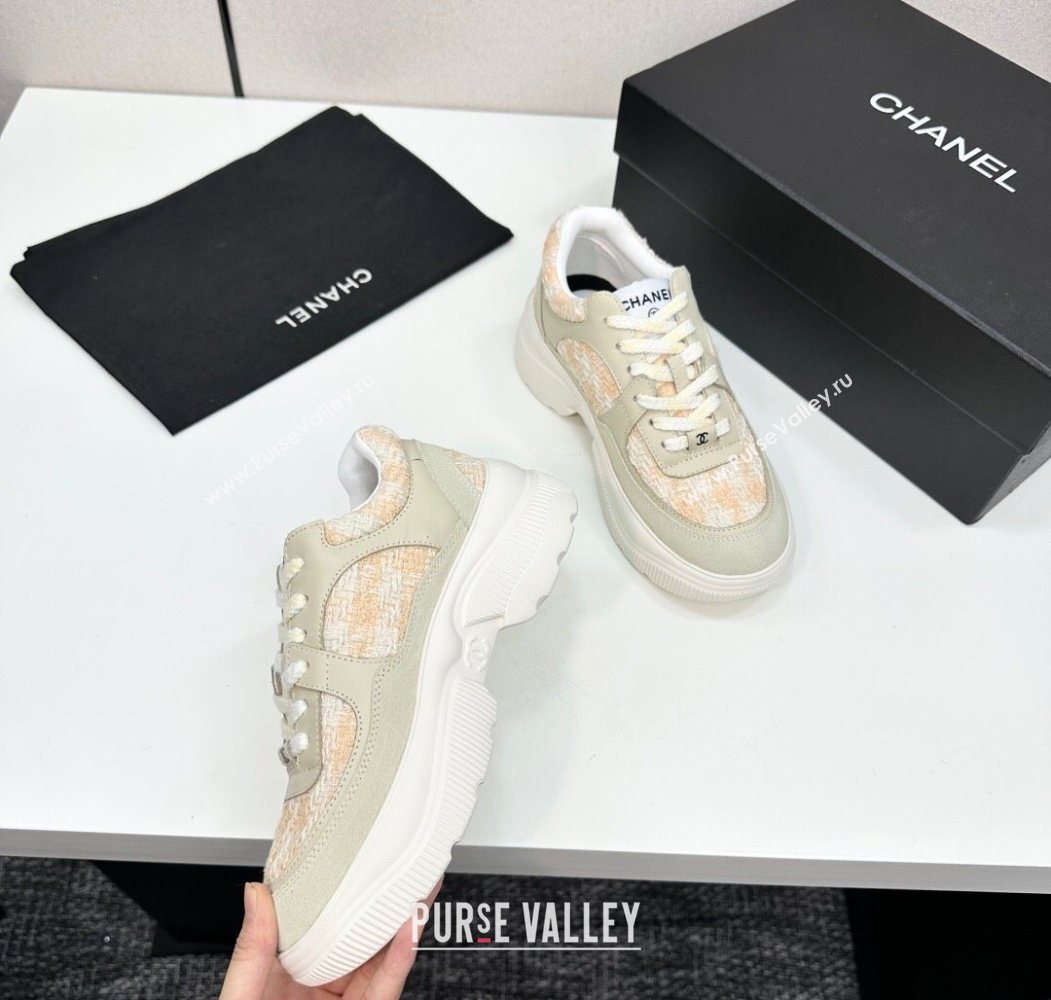 Chanel Calfskin Leather, Suede and Tweed Platform Sneakers Green/Yellow 10 2025 CH110102 (MD-251101010)