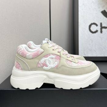 Chanel Calfskin Leather, Suede and Tweed Platform Sneakers Green/Pink 11 2025 CH110102 (MD-251101011)