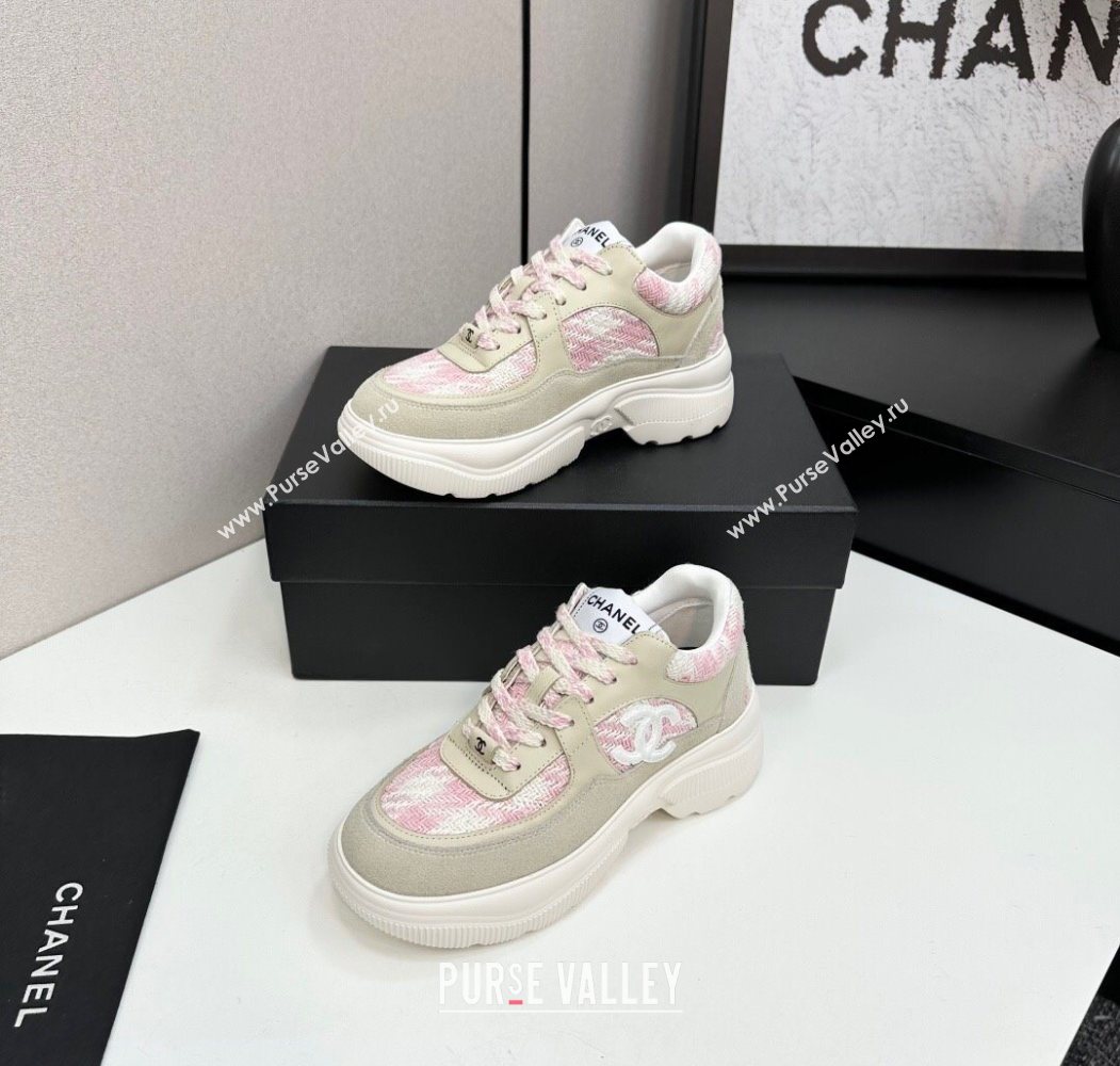 Chanel Calfskin Leather, Suede and Tweed Platform Sneakers Green/Pink 11 2025 CH110102 (MD-251101011)