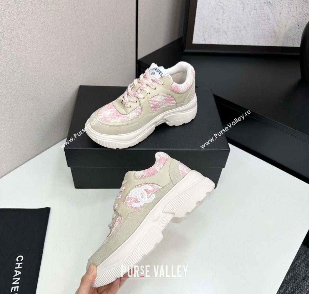 Chanel Calfskin Leather, Suede and Tweed Platform Sneakers Green/Pink 11 2025 CH110102 (MD-251101011)