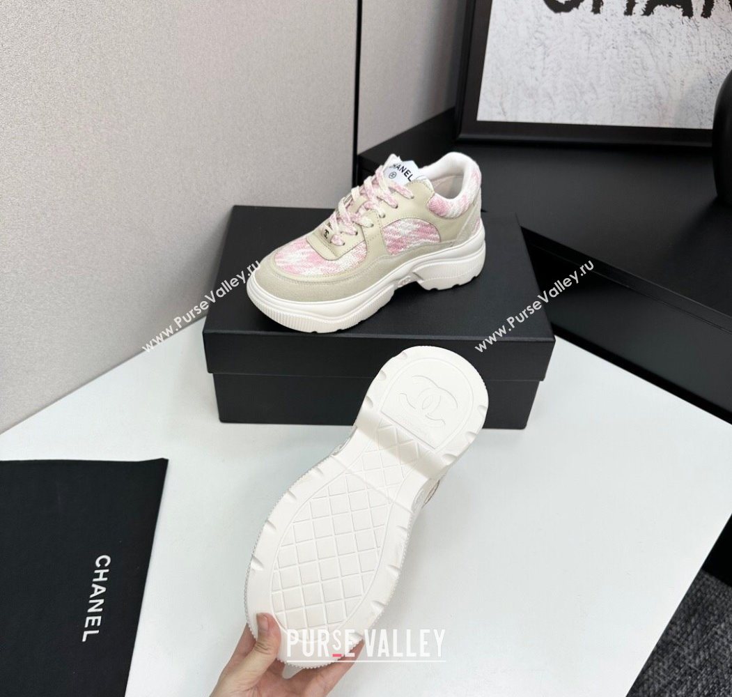 Chanel Calfskin Leather, Suede and Tweed Platform Sneakers Green/Pink 11 2025 CH110102 (MD-251101011)