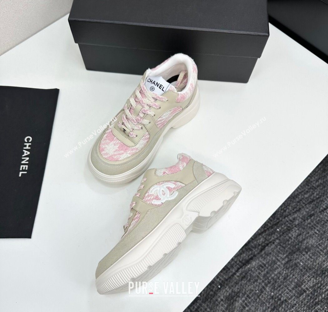 Chanel Calfskin Leather, Suede and Tweed Platform Sneakers Green/Pink 11 2025 CH110102 (MD-251101011)