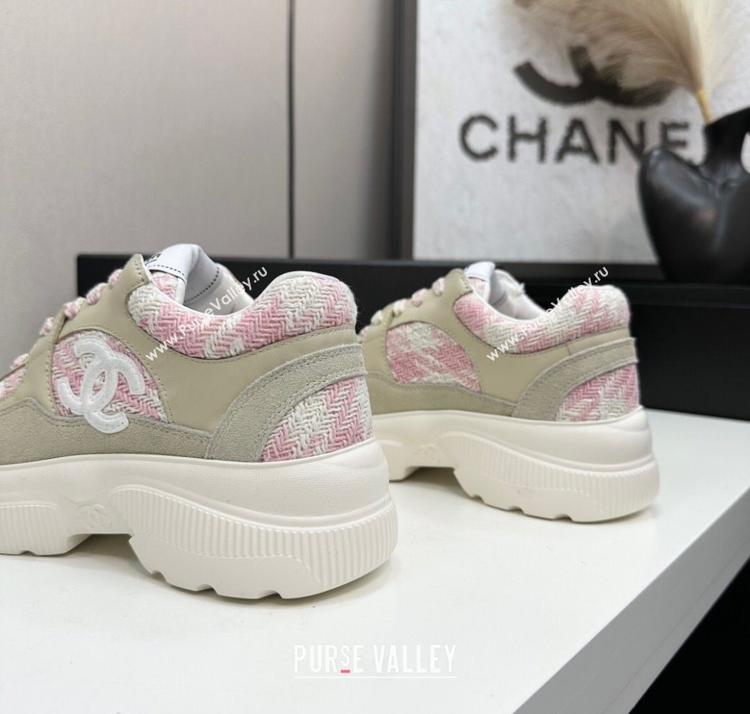 Chanel Calfskin Leather, Suede and Tweed Platform Sneakers Green/Pink 11 2025 CH110102 (MD-251101011)