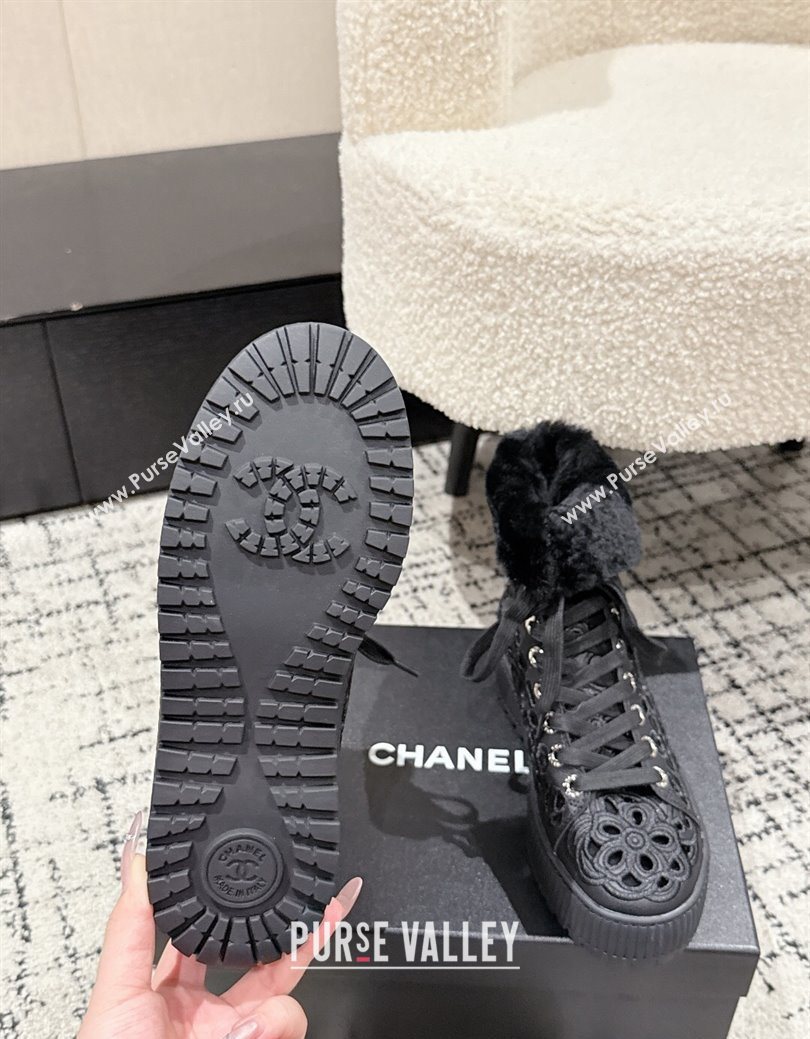 Chanel Openwork Calfskin Leather and Wool High Top Sneakers Black 2025 CH110101 (MD-251101001)