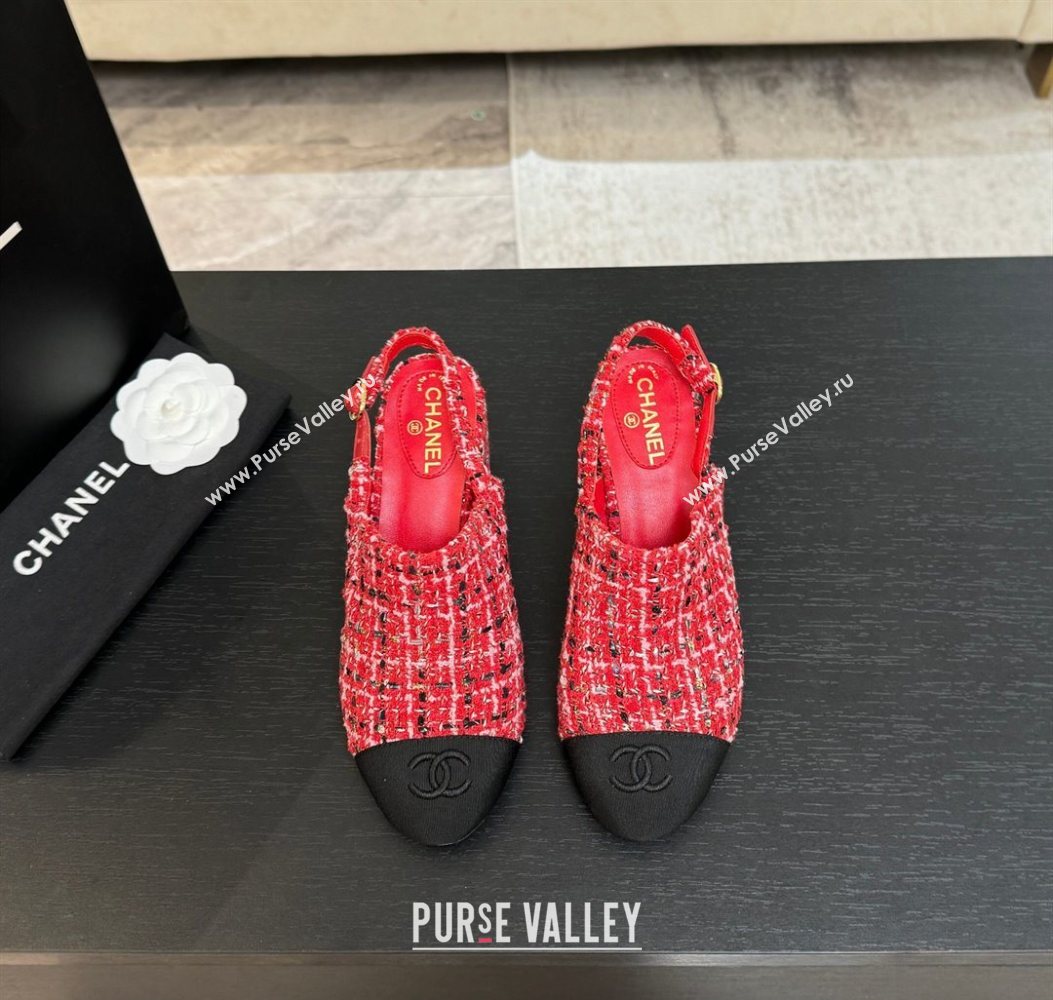 Chanel Cotton Tweed Grosgrain Slingbacks Pump 6.5cm Red2 2025 G46865 (MD-251103046)