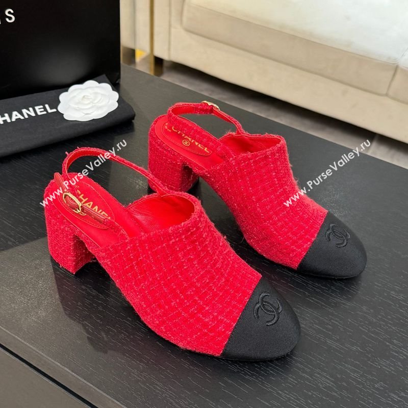 Chanel Cotton Tweed Grosgrain Slingbacks Pump 6.5cm Red/Black 2025 G46865 (MD-251103048)