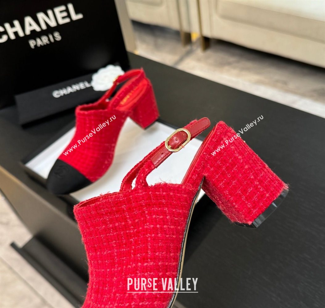 Chanel Cotton Tweed Grosgrain Slingbacks Pump 6.5cm Red/Black 2025 G46865 (MD-251103048)