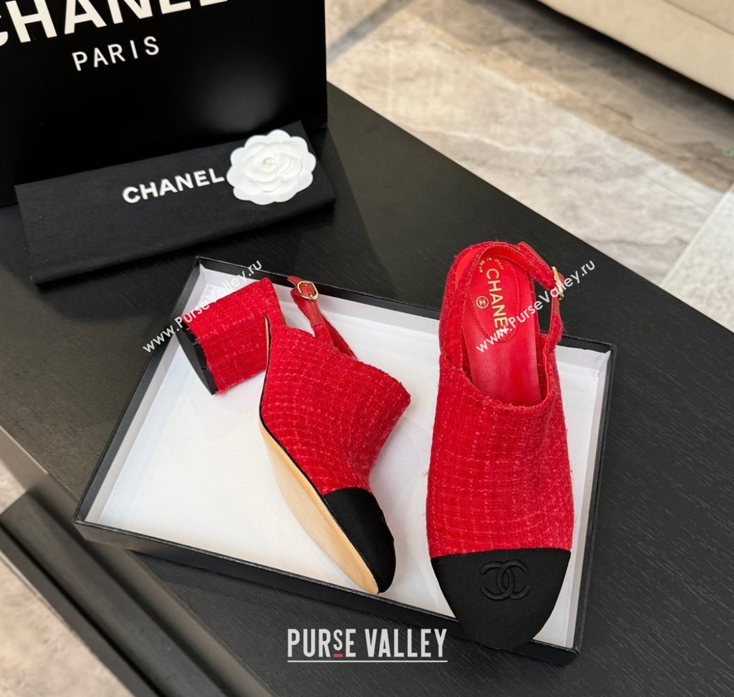 Chanel Cotton Tweed Grosgrain Slingbacks Pump 6.5cm Red/Black 2025 G46865 (MD-251103048)