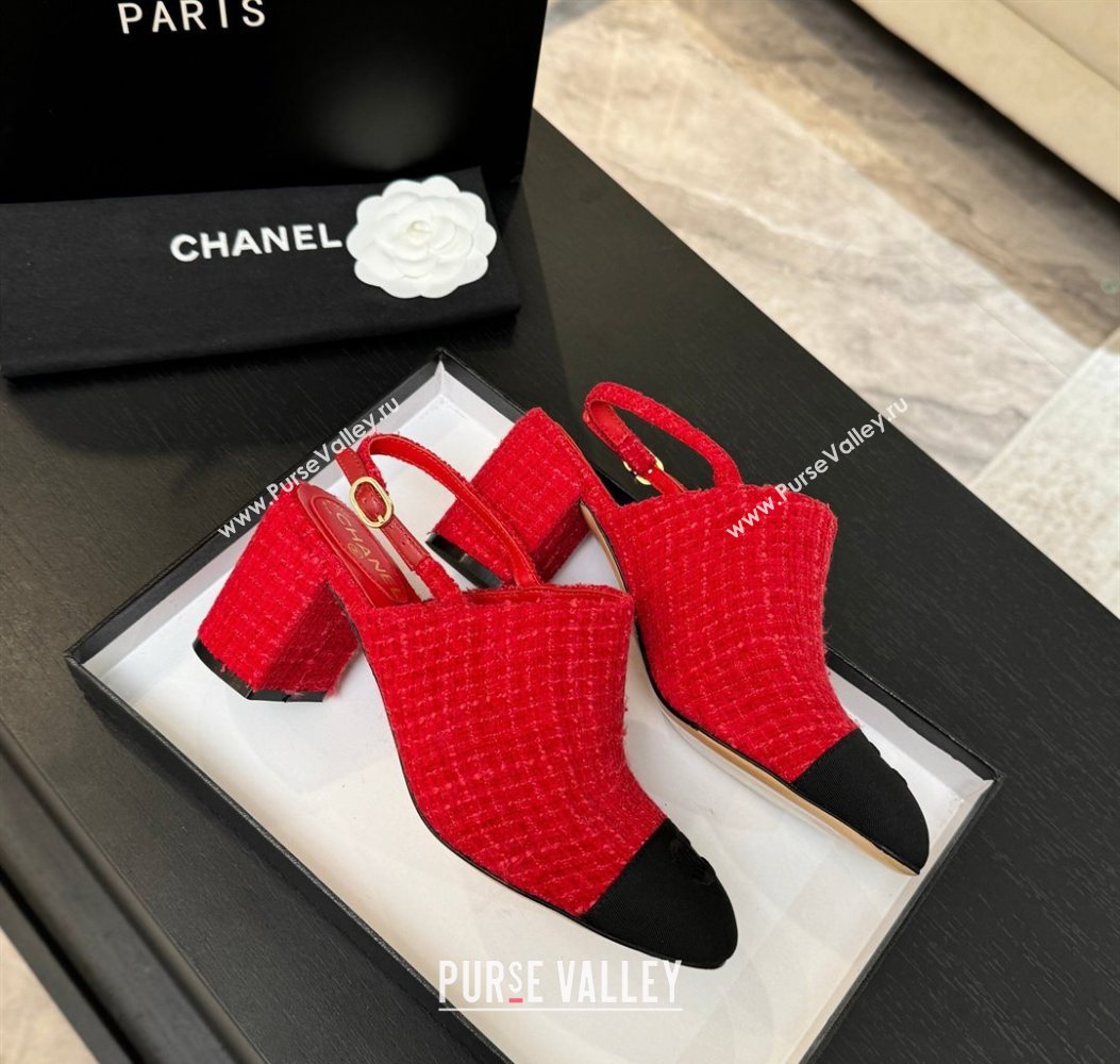 Chanel Cotton Tweed Grosgrain Slingbacks Pump 6.5cm Red/Black 2025 G46865 (MD-251103048)