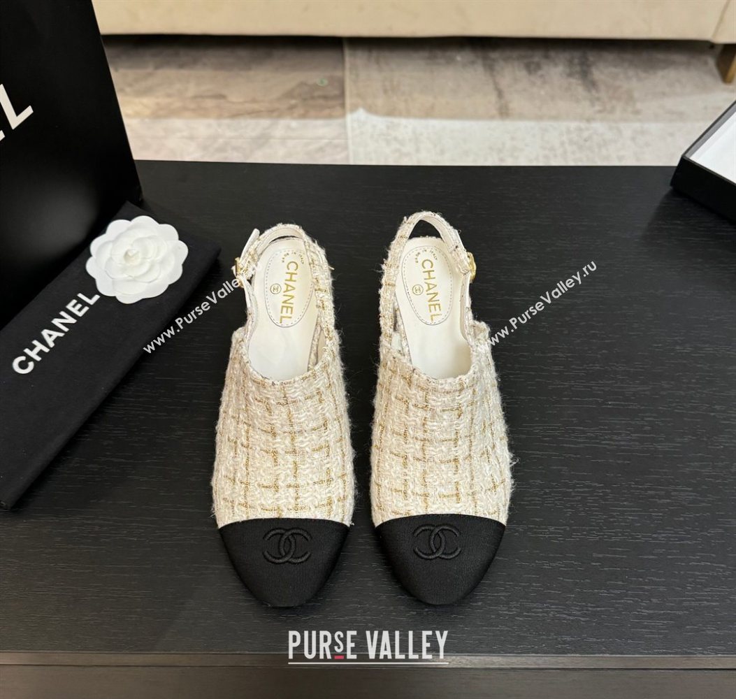 Chanel Cotton Tweed Grosgrain Slingbacks Pump 6.5cm White 2025 G46865 (MD-251103049)