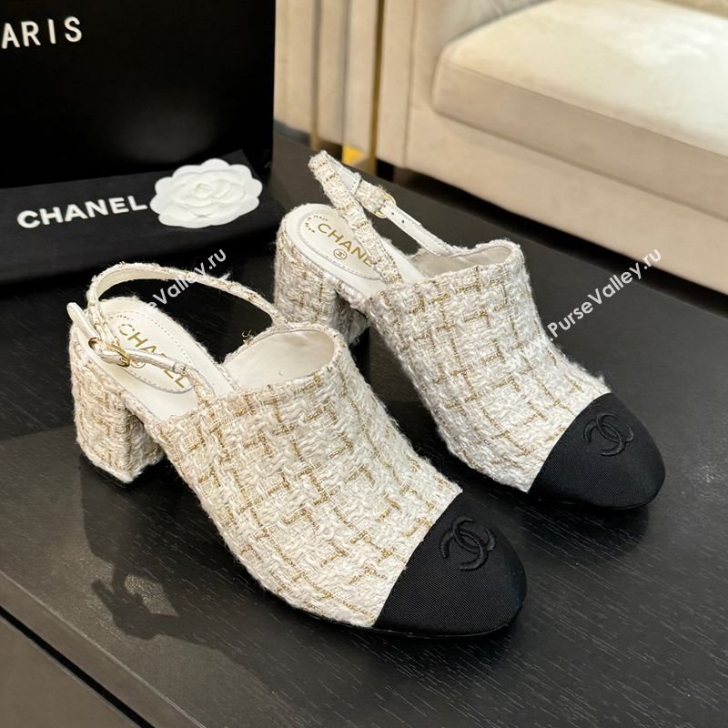 Chanel Cotton Tweed Grosgrain Slingbacks Pump 6.5cm White 2025 G46865 (MD-251103049)