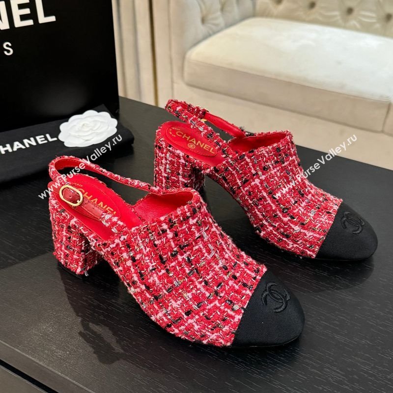 Chanel Cotton Tweed Grosgrain Slingbacks Pump 6.5cm Red2 2025 G46865 (MD-251103046)