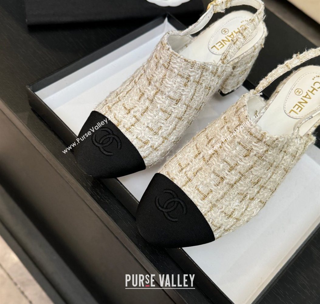 Chanel Cotton Tweed Grosgrain Slingbacks Pump 6.5cm White 2025 G46865 (MD-251103049)