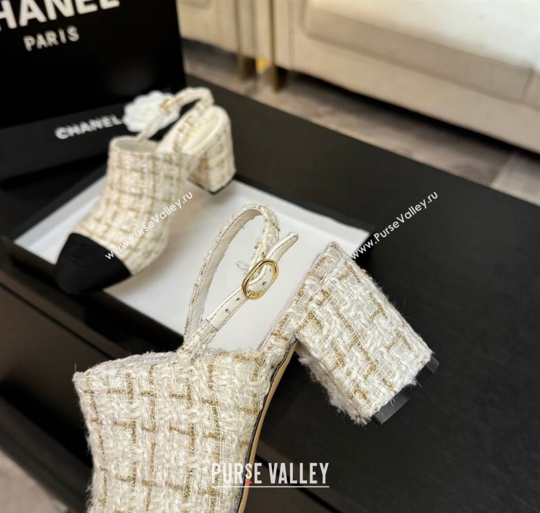 Chanel Cotton Tweed Grosgrain Slingbacks Pump 6.5cm White 2025 G46865 (MD-251103049)