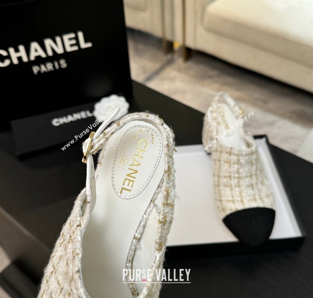 Chanel Cotton Tweed Grosgrain Slingbacks Pump 6.5cm White 2025 G46865 (MD-251103049)