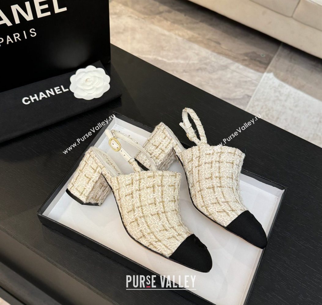 Chanel Cotton Tweed Grosgrain Slingbacks Pump 6.5cm White 2025 G46865 (MD-251103049)