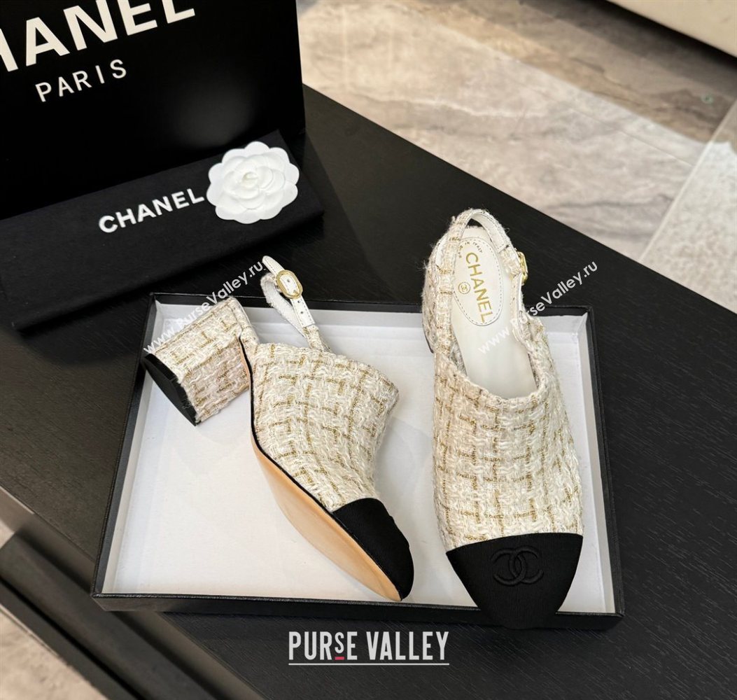 Chanel Cotton Tweed Grosgrain Slingbacks Pump 6.5cm White 2025 G46865 (MD-251103049)