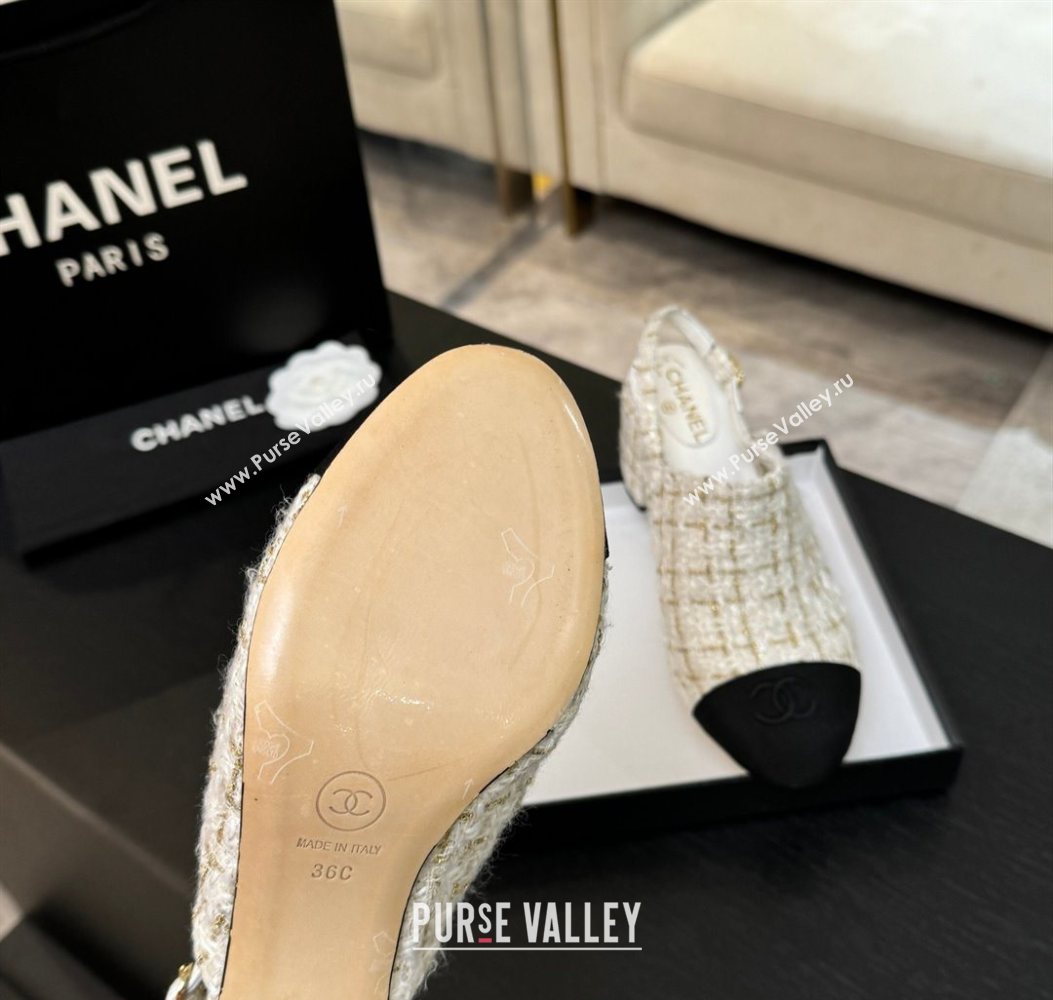 Chanel Cotton Tweed Grosgrain Slingbacks Pump 6.5cm White 2025 G46865 (MD-251103049)