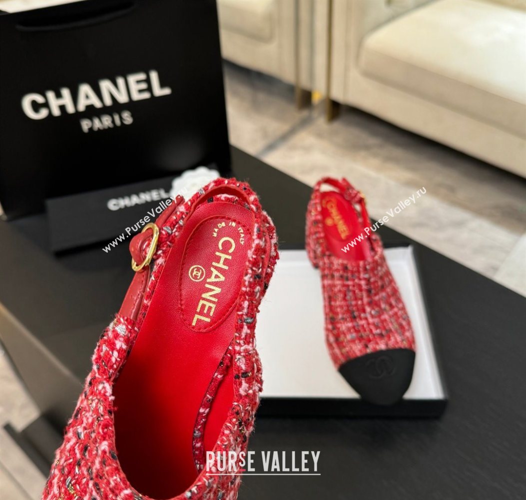 Chanel Cotton Tweed Grosgrain Slingbacks Pump 6.5cm Red2 2025 G46865 (MD-251103046)