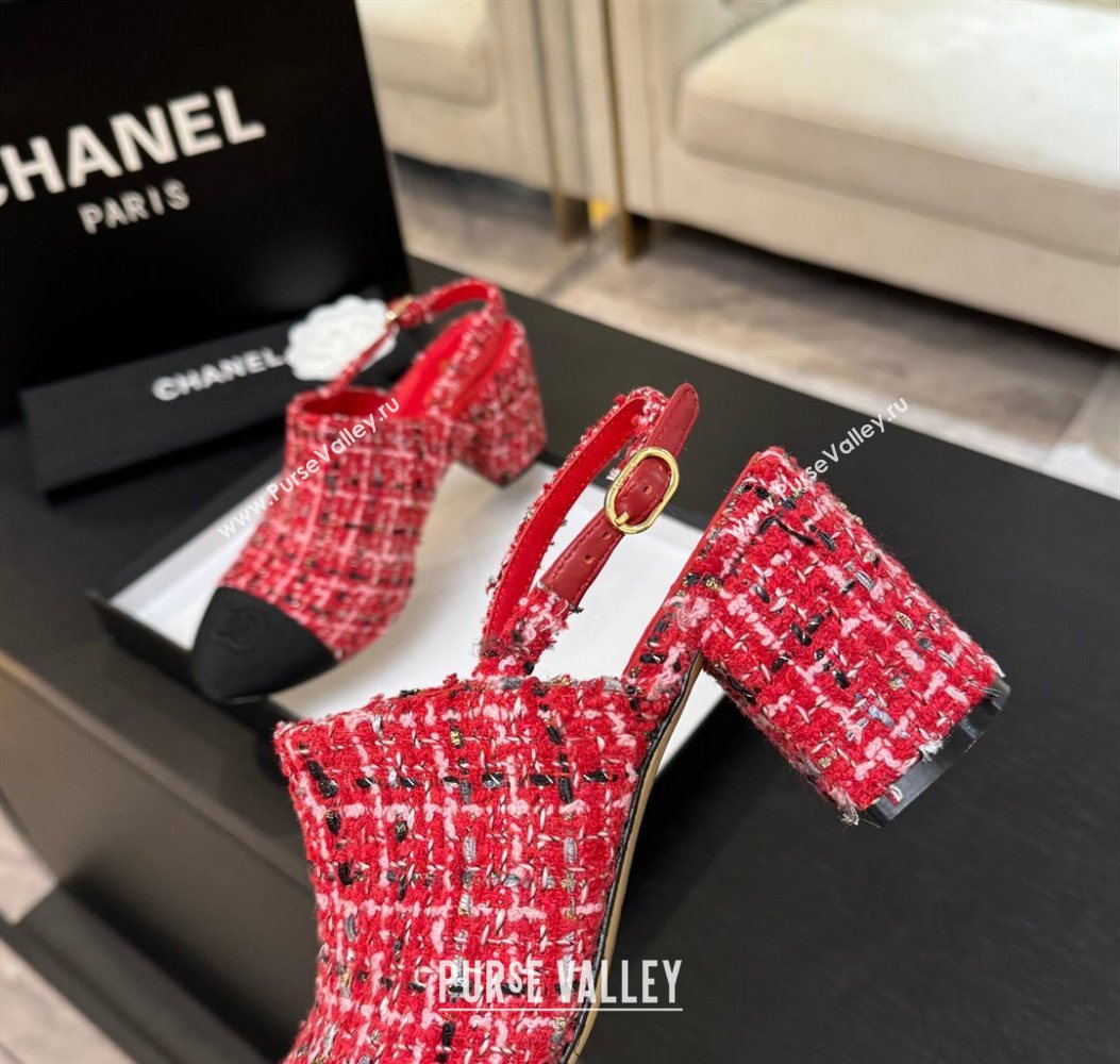Chanel Cotton Tweed Grosgrain Slingbacks Pump 6.5cm Red2 2025 G46865 (MD-251103046)