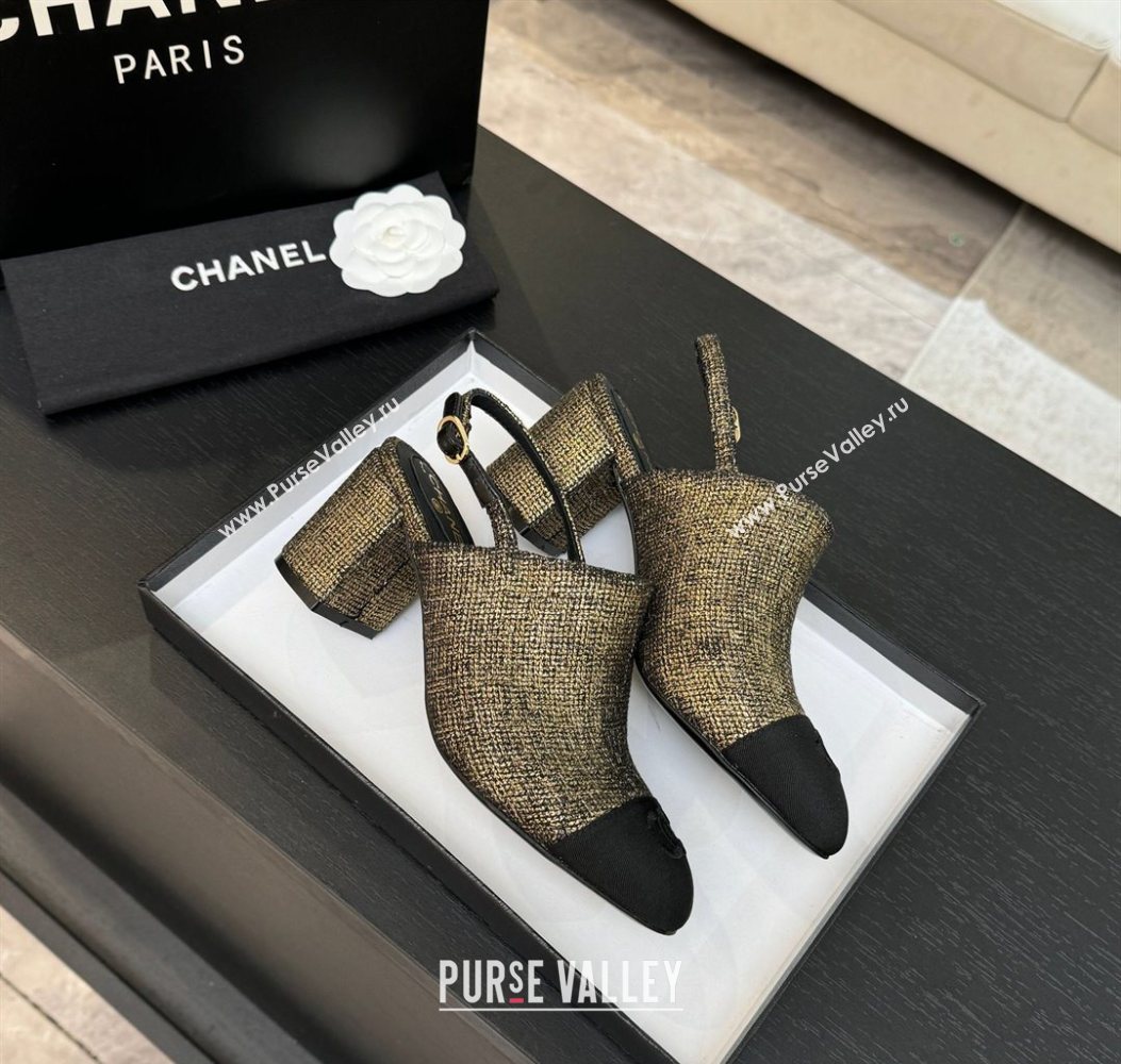 Chanel Cotton Tweed Grosgrain Slingbacks Pump 6.5cm Gold 2025 G46865 (MD-251103051)