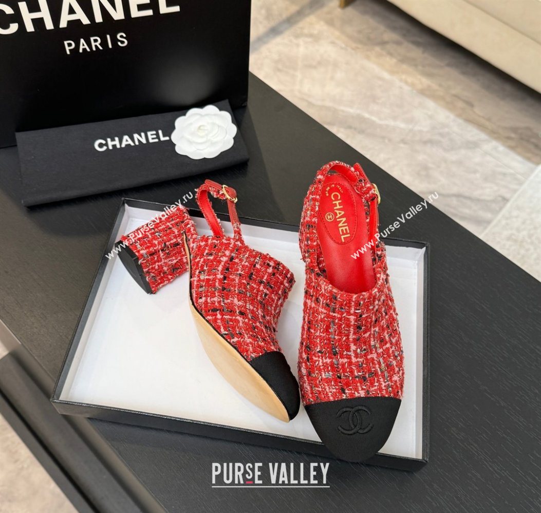 Chanel Cotton Tweed Grosgrain Slingbacks Pump 6.5cm Red2 2025 G46865 (MD-251103046)