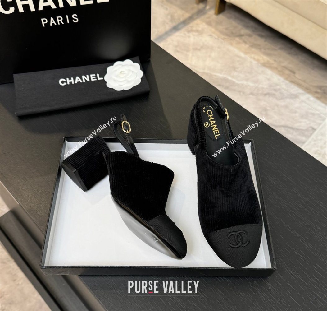 Chanel Corduroy Grosgrain Slingbacks Pump 6.5cm Black 2025 G46865 (MD-251103052)