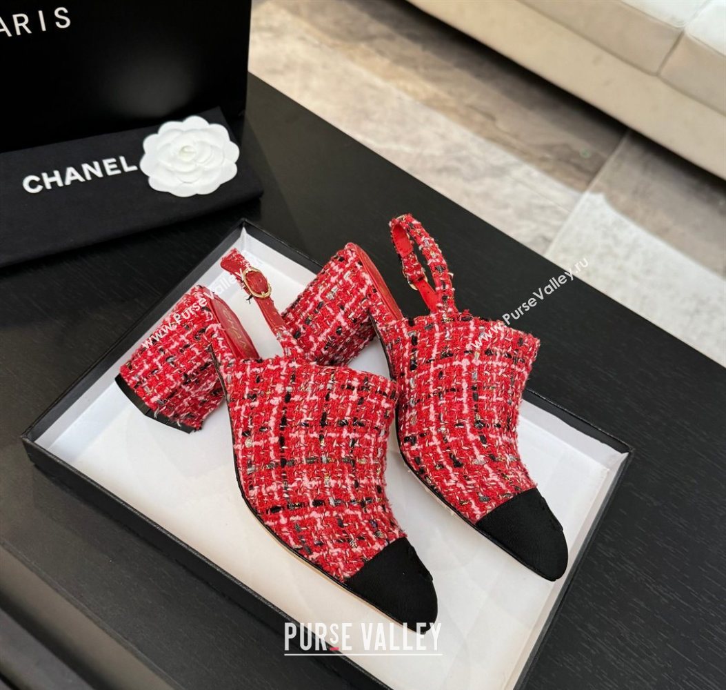 Chanel Cotton Tweed Grosgrain Slingbacks Pump 6.5cm Red2 2025 G46865 (MD-251103046)