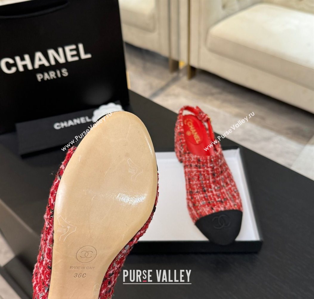 Chanel Cotton Tweed Grosgrain Slingbacks Pump 6.5cm Red2 2025 G46865 (MD-251103046)