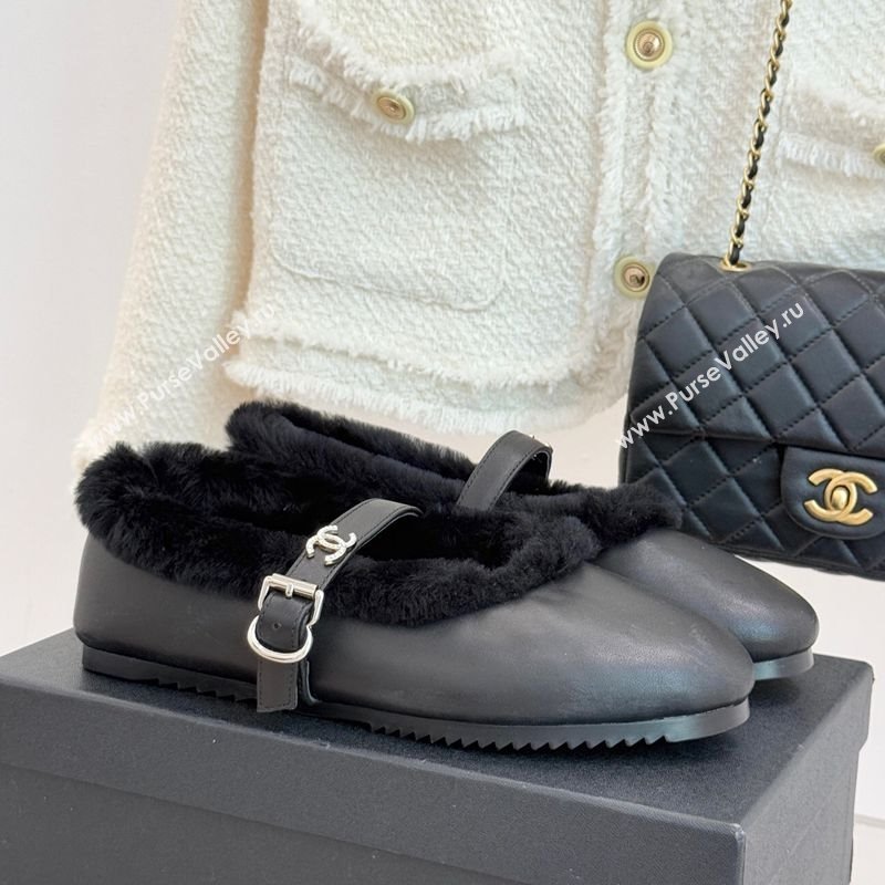 Chanel Calfskin Leather and Wool Mary Janes Ballet Flats Black 2025 CH110304 (MD-251103076)