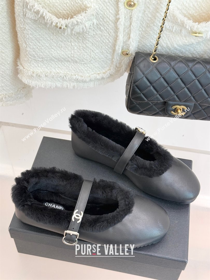 Chanel Calfskin Leather and Wool Mary Janes Ballet Flats Black 2025 CH110304 (MD-251103076)