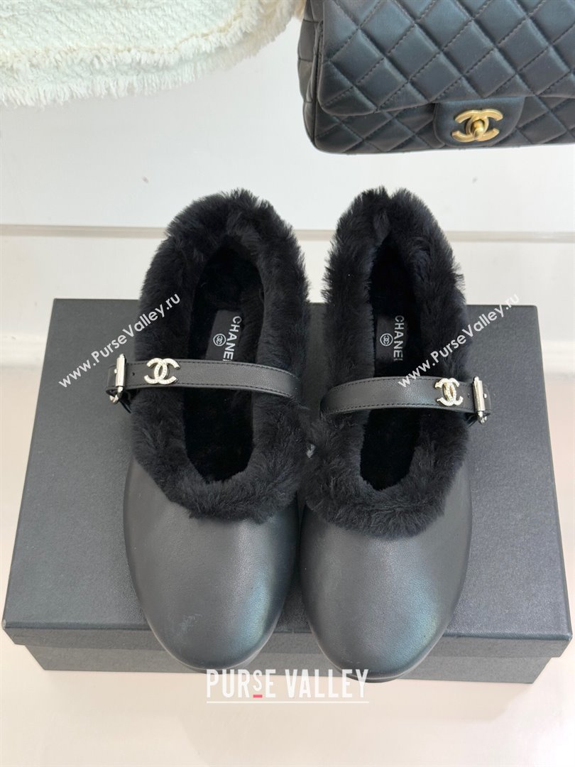 Chanel Calfskin Leather and Wool Mary Janes Ballet Flats Black 2025 CH110304 (MD-251103076)