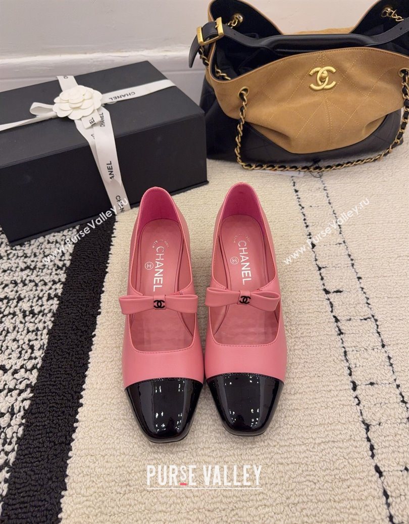 Chanel Lambskin and Patent Leather Mary Janes Pumps 5cm with Bow Pink 2025 CH110302 (MD-251103103)