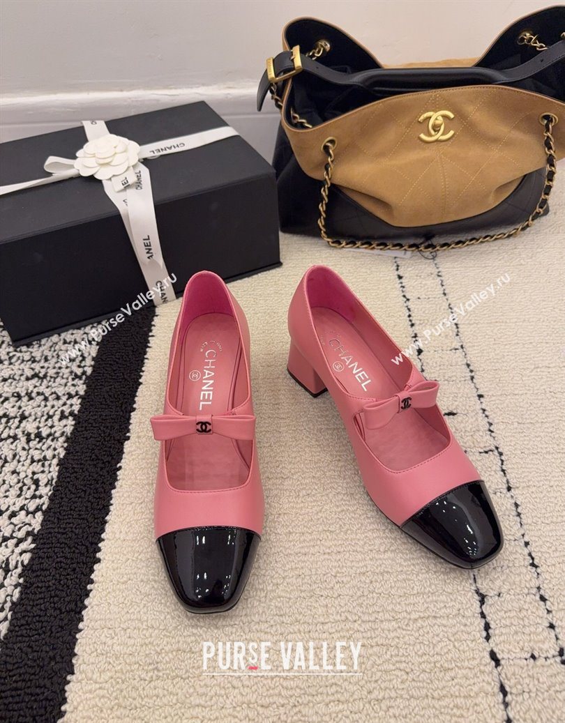 Chanel Lambskin and Patent Leather Mary Janes Pumps 5cm with Bow Pink 2025 CH110302 (MD-251103103)