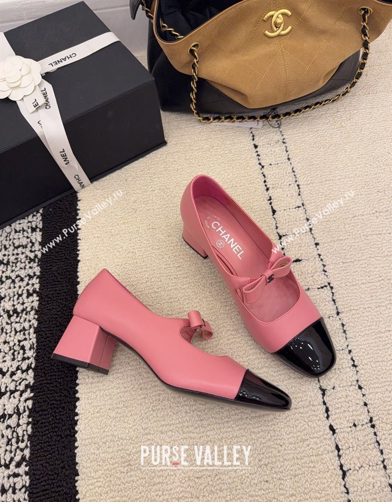 Chanel Lambskin and Patent Leather Mary Janes Pumps 5cm with Bow Pink 2025 CH110302 (MD-251103103)