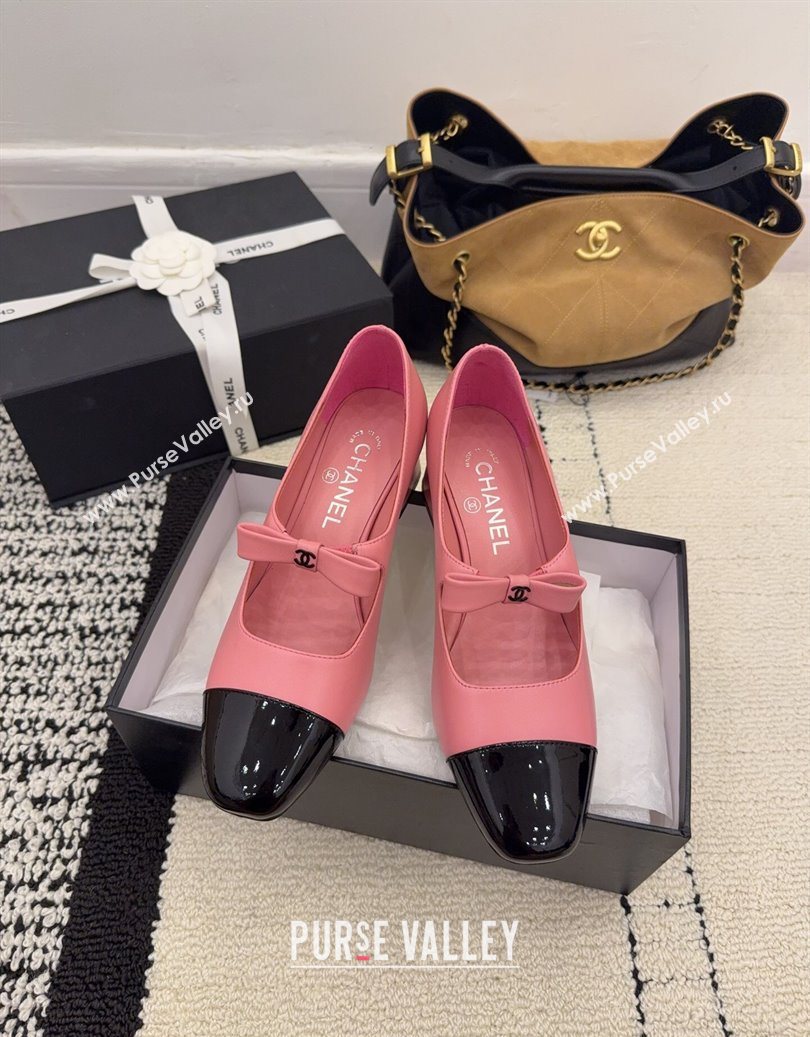 Chanel Lambskin and Patent Leather Mary Janes Pumps 5cm with Bow Pink 2025 CH110302 (MD-251103103)