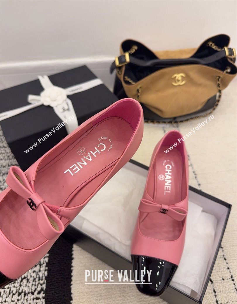 Chanel Lambskin and Patent Leather Mary Janes Pumps 5cm with Bow Pink 2025 CH110302 (MD-251103103)