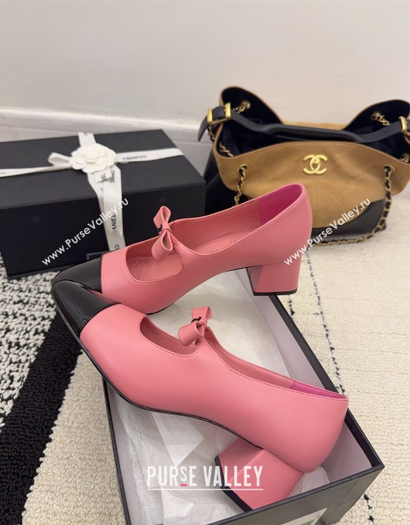 Chanel Lambskin and Patent Leather Mary Janes Pumps 5cm with Bow Pink 2025 CH110302 (MD-251103103)