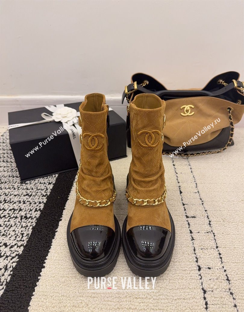 Chanel Suede Patent Leather Platform Ankle Boots with Chain and Buckle Brown 2025 CH110412 (MD-251104058)