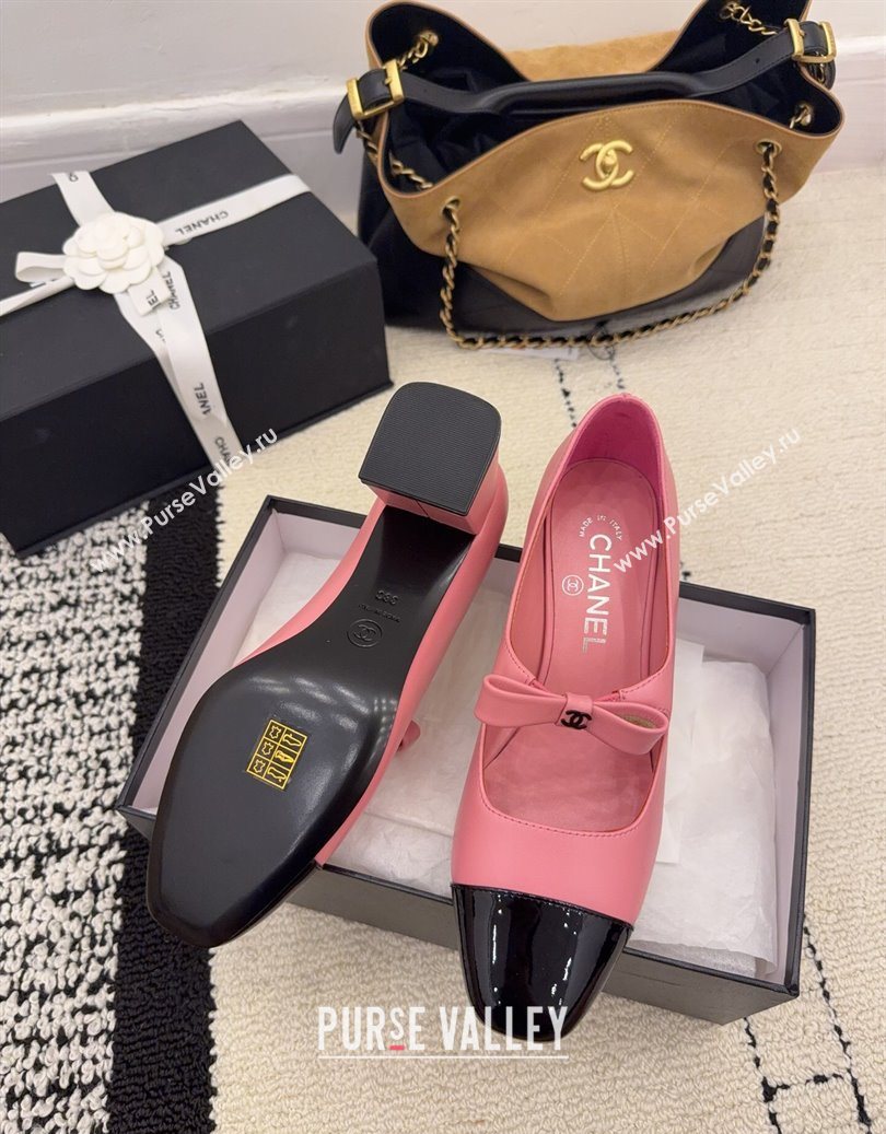 Chanel Lambskin and Patent Leather Mary Janes Pumps 5cm with Bow Pink 2025 CH110302 (MD-251103103)