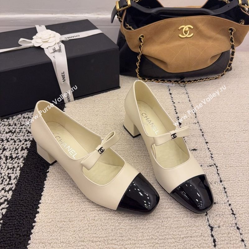Chanel Lambskin and Patent Leather Mary Janes Pumps 5cm with Bow White 2025 CH110302 (MD-251103104)