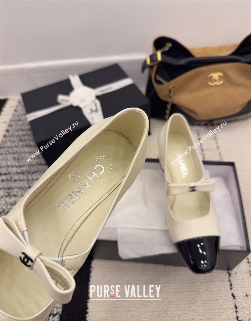Chanel Lambskin and Patent Leather Mary Janes Pumps 5cm with Bow White 2025 CH110302 (MD-251103104)