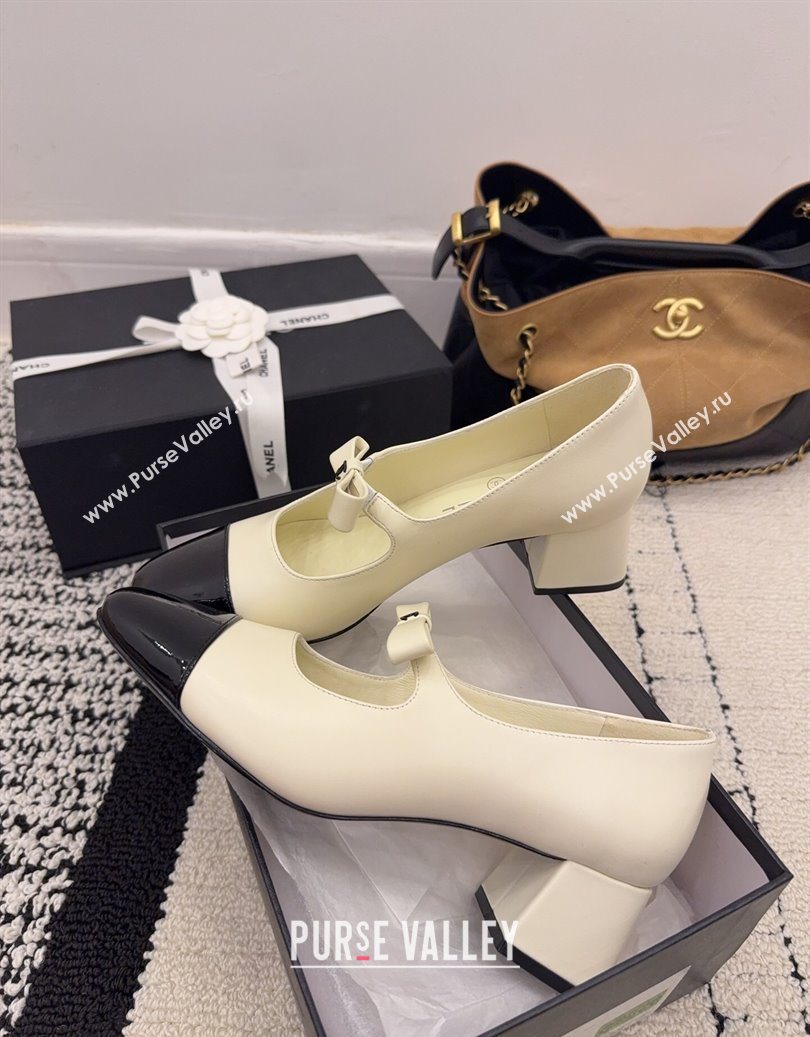 Chanel Lambskin and Patent Leather Mary Janes Pumps 5cm with Bow White 2025 CH110302 (MD-251103104)