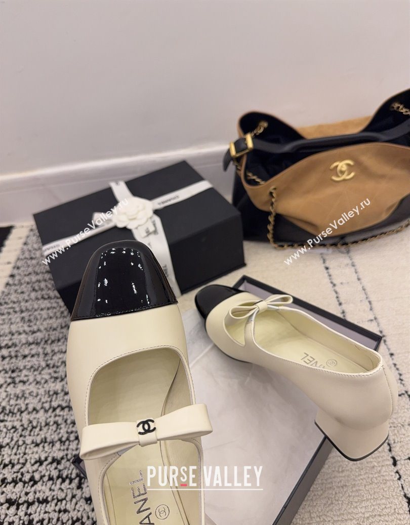 Chanel Lambskin and Patent Leather Mary Janes Pumps 5cm with Bow White 2025 CH110302 (MD-251103104)