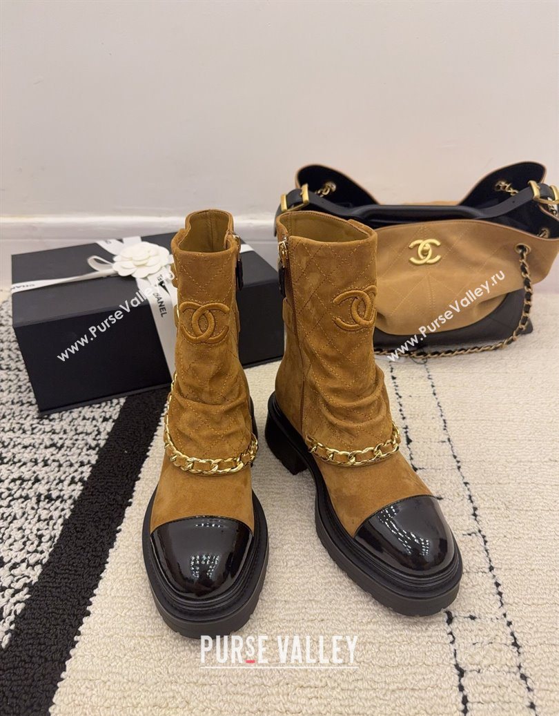 Chanel Suede Patent Leather Platform Ankle Boots with Chain and Buckle Brown 2025 CH110412 (MD-251104058)