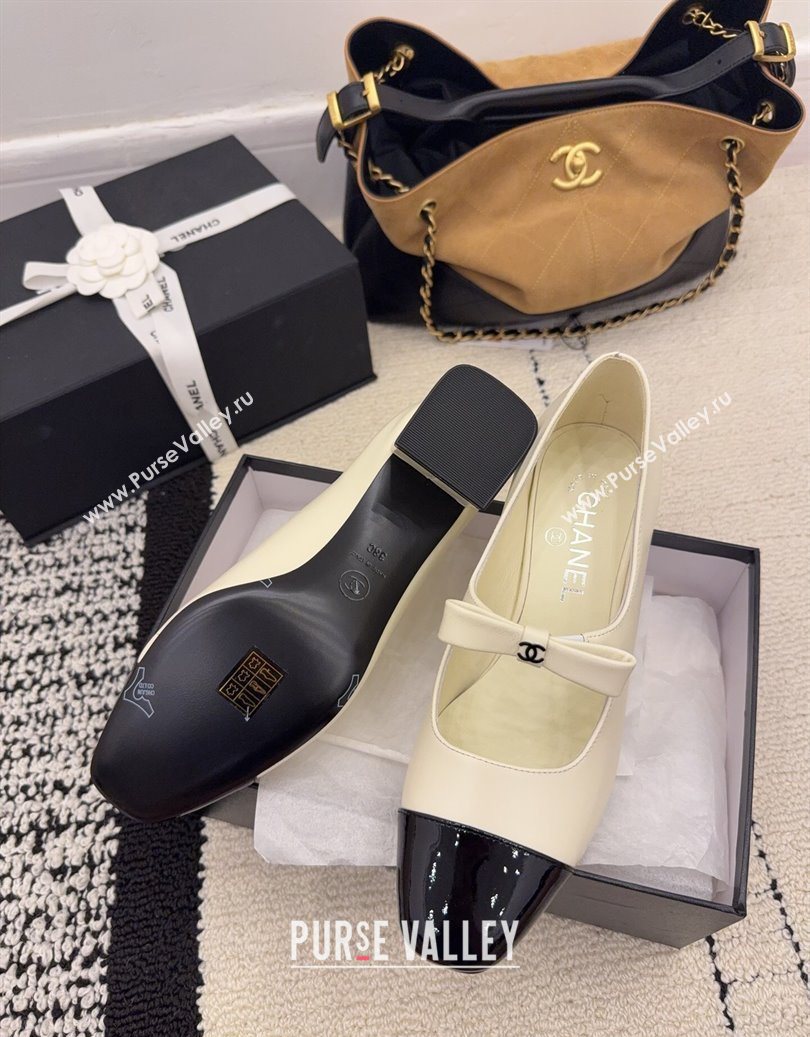 Chanel Lambskin and Patent Leather Mary Janes Pumps 5cm with Bow White 2025 CH110302 (MD-251103104)